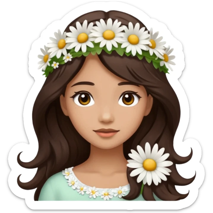 ["Medium skin tone female, long dark-brown hair with gentle waves, wearing a white daisy floral crown."] sticker
