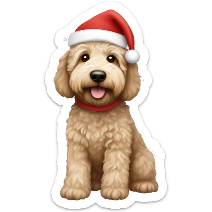 Australian Labradoodle wearing a Christmas sweat sweater and Santa hat sticker