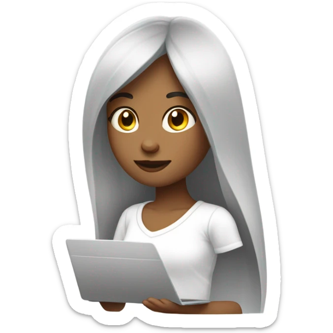 a girl with long straight hair and bangs working on a laptop (she is a marketer). wearing a white oversized t-shirt sticker