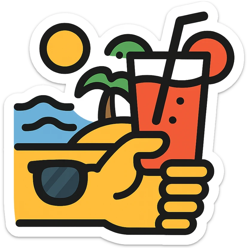 a hand with sunglasses holding a glass of fruit juice, beach background icon sticker