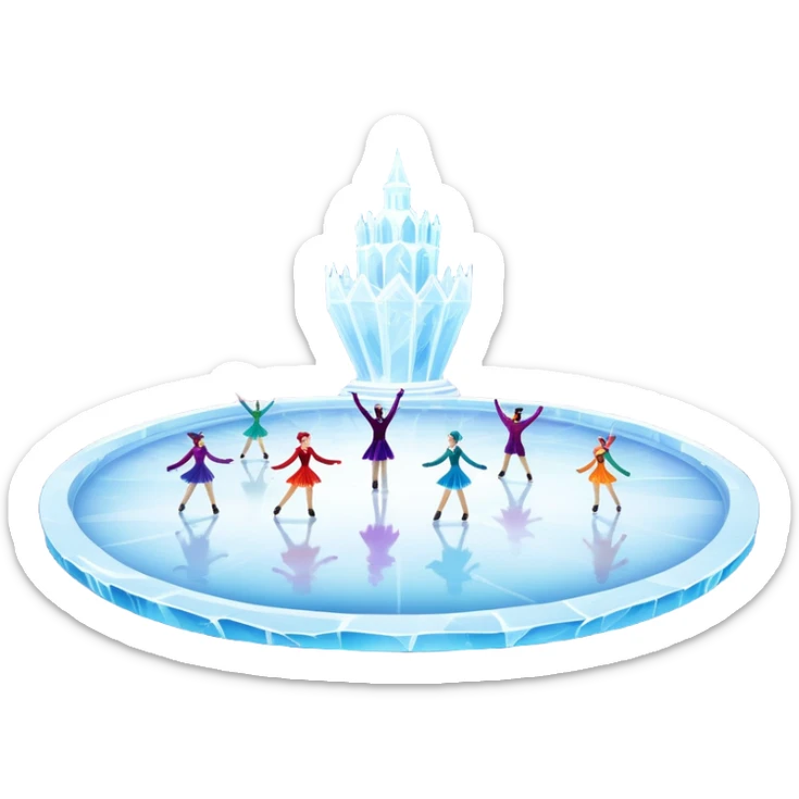 An icon of a theatrical ice show with costumed figure skaters performing a dramatic scene on a glowing ice stage. Spotlights, colorful scenery, and a cheering audience in a grand arena convey the magic and artistry of the ice performance. Transparent background included. sticker