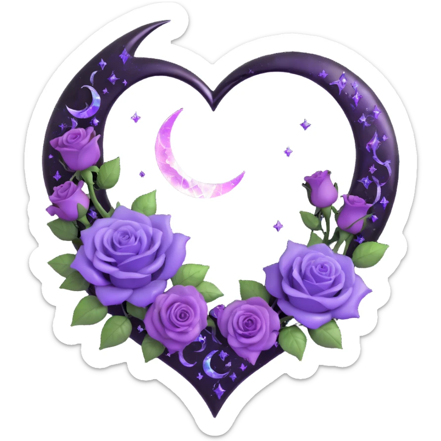 gothic heart made of black glass with silver crescent moon, violet roses, iridescent stardust, white lightning, glossy rain effect, fractured glass texture sticker