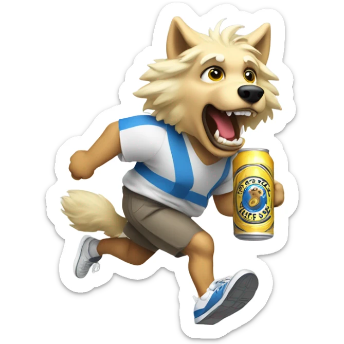 Wolf animal with a blonde wig in sneakers holding a beer running  sticker