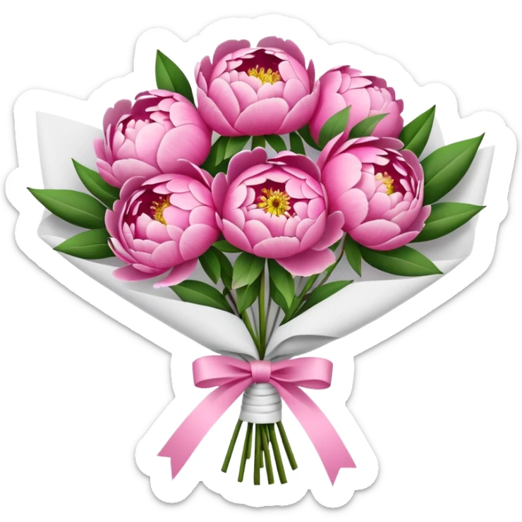Bouquet of pink flower peony wrapped in white paper sticker