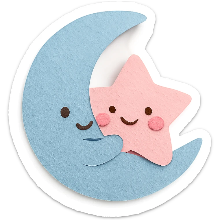 kawaii blue crescent moon hugging a pink star, soft pastel colors, no limbs, full body, paper craft style sticker