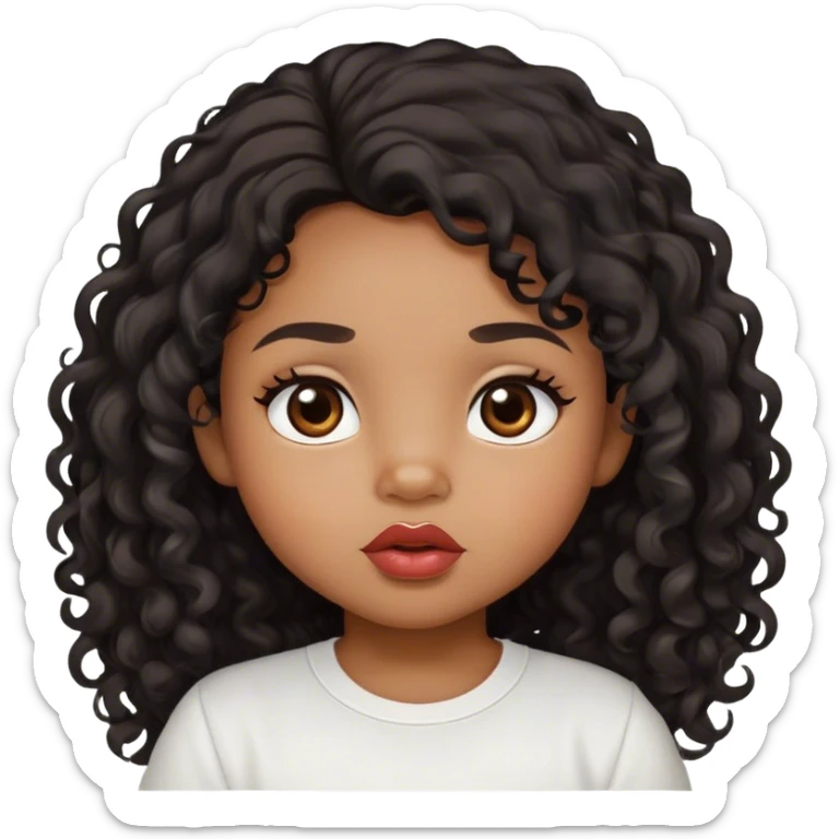medium brown skin tone, very adorable toddler, with big plump lips, long long lashes, black curly long hair, brown eyes, white shirt sticker