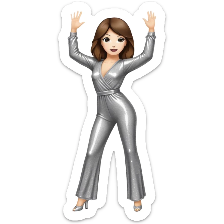 woman with white skin and brown hair disco dancing doing the classic disco move, wearing a sparkly jumpsuit sticker