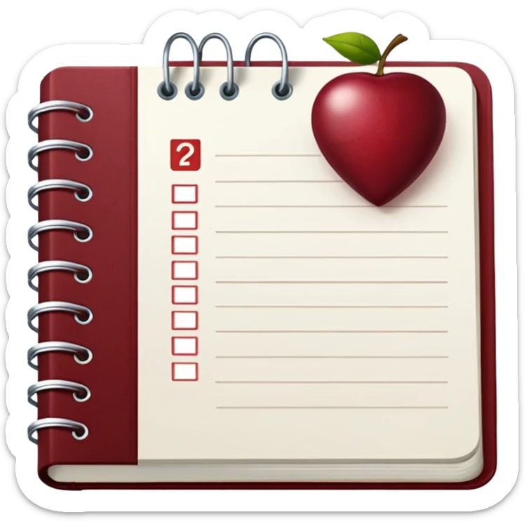 HAZ UN planificador de lista de objetivos en color vinotinto/rojo carmesí brillante, con hojas de cuaderno blancas (no agregues frutas ni nada de eso) https://imgproxy.attic.sh/insecure/f:png/plain/https://attic.sh/z0hvfdddapmiax935oa389bq0wzk  sticker