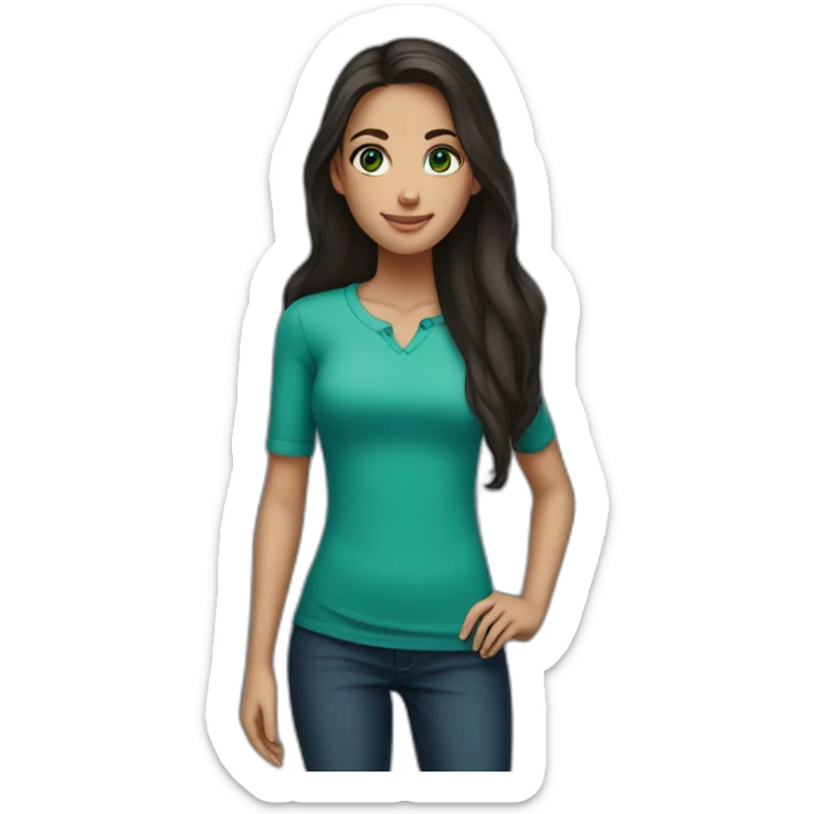tall girl with dark long hair, green eyes, blue shirt sticker