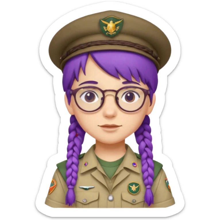 bşue uniform wearing scout kid with braids and glassess with hat purple haired sticker