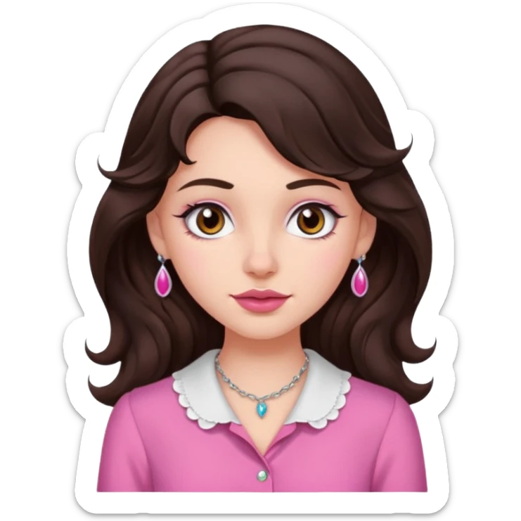 garota branquinha com olhos grandes castanho escuro e cabelo ondulado castanho bem escuro blusa rosinha coquette e piercing do ladinho do nariz  sticker