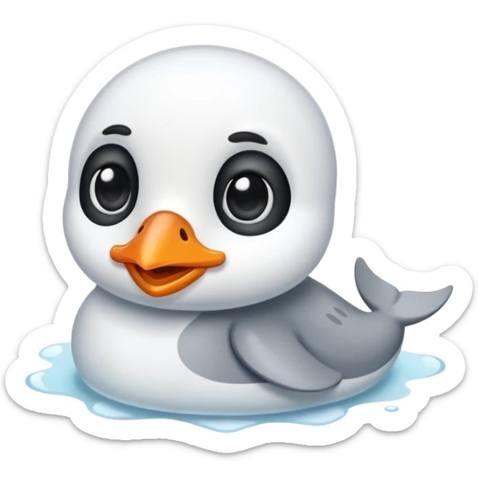 Esta es una imagen de una cría de foca arpa (conocida como whitecoat) descansando sobre el hielo.Es prácticamente una esfera perfecta de pelaje blanco y esponjoso.Tiene ojos oscuros, una nariz negra pequeña y bigotes largos que resaltan sobre su cara clara sticker