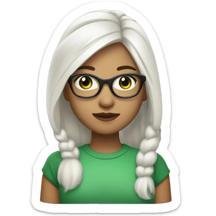 Girl with silver glasses, green eyes, shoulder light hair left side being white and right side being black sticker