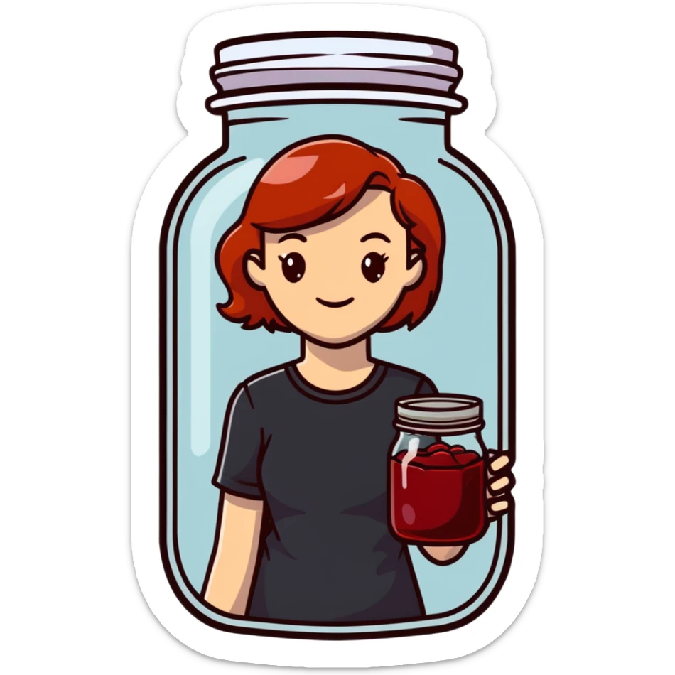 redhead woman showing a glass jar with jam at arms length, closeup sticker