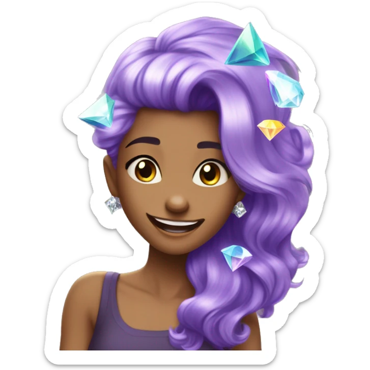 one girl with purple diamond hair, she is feeling happy and elated and excited, make her hair shiny with prisms and angles and edges, now make her hair crystallized, make her hair only crystals no real hair please, only crystallized hair sticker