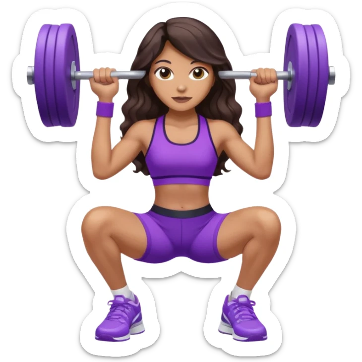mujer de tez trigueña, con cabello castaño oscuro ondulado no muy marcado, hasta la cadera super largo estilizado, con ropa deportiva morada/lila, tenis blancos deportivos y levantando una pesa sticker