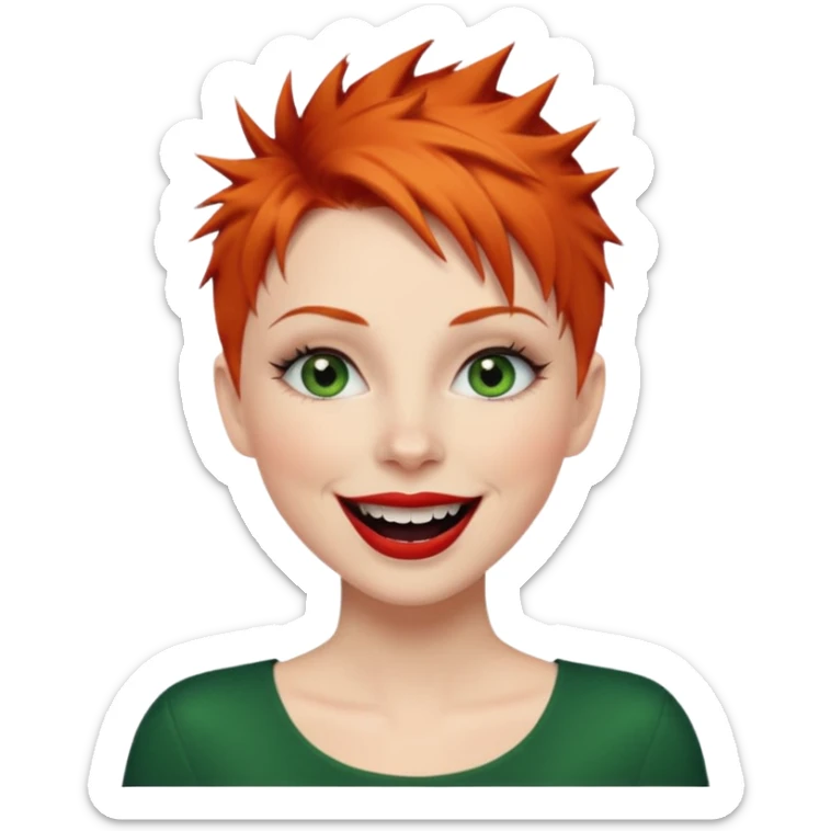 Short spikey Ginger hair, green eyes, black long eye lashes large red lips White woman laughing sticker