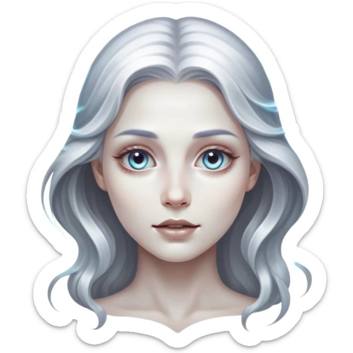 Cinematic, Ultra realistic 32k HD, hauntingly beautiful woman, Balanced features, highly detailed, glowing with silver light, high shine, remembrance, a painting of white silver, fanciful, enchanting, ghostly. The image is so lifelike it feels as though it could leap off the canvas at any moment sticker