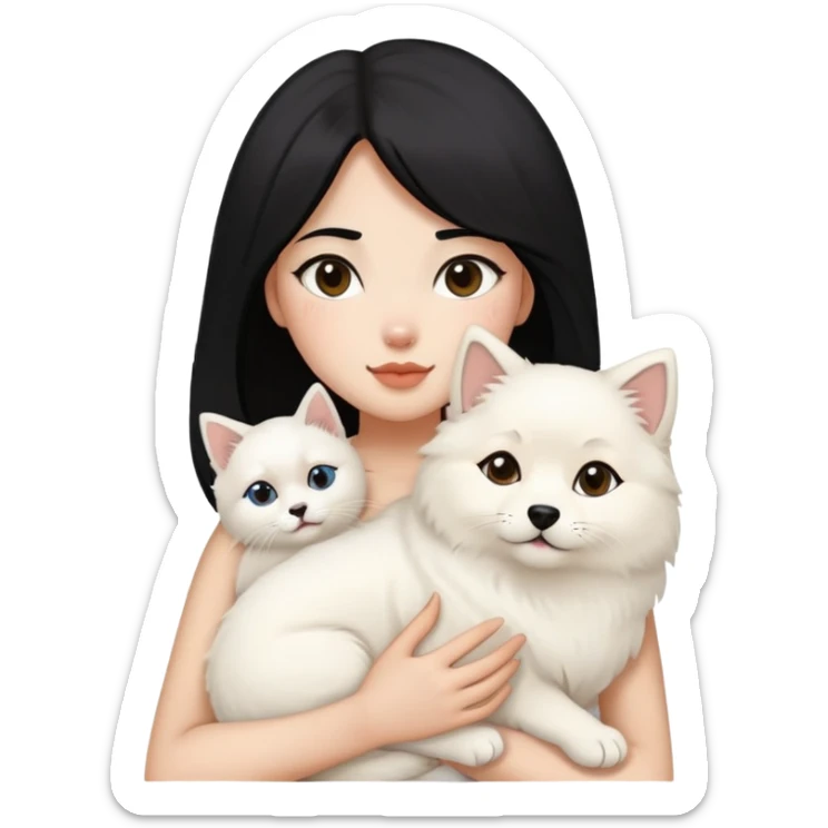 a girl with black hair holding her samoyed and her fluffy siamese cat sticker