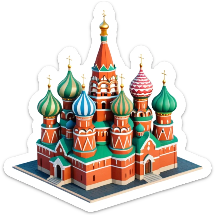 Isometric illustration of Moscow, featuring photorealistic Saint Basil's Cathedral with colorful onion domes, hand-drawn painterly details, subtle texture on bricks and roofs, realistic shadows and soft lighting, muted yet vivid color palette, diorama miniature effect. sticker