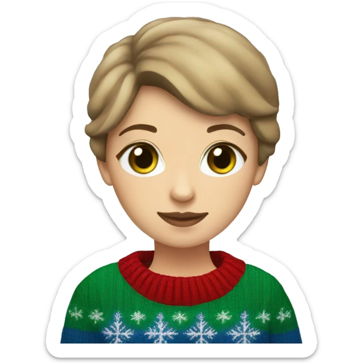 Light brown short haired girl with green eyes drinking coffee wearing blue Christmas sweater sticker