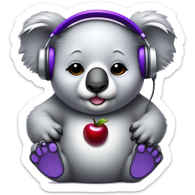 cute chubby koala wearing purple chrome headphones with a cherry symbol on its chest   sticker