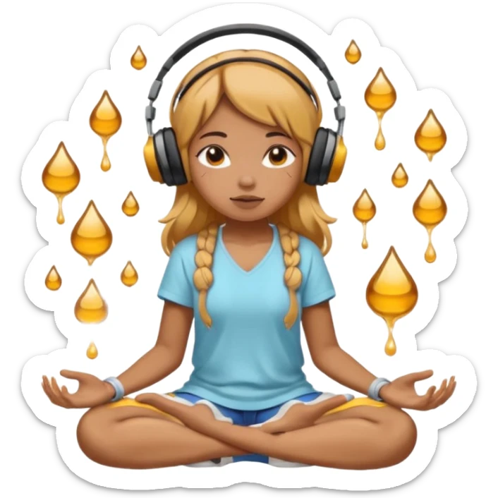 This girl(🧘🏻‍♀️) is sitting cross-legged in a meditation pose, wearing headphones(🎧) and listening to music. The song is so good that honey is dripping from her ears, and her expression is completely dazed because she’s enjoying the music so much. sticker