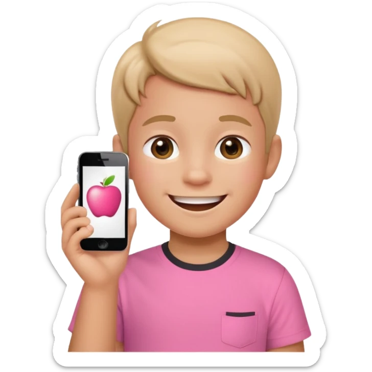 happy little kid with a phone, pink shirt, apple style emoji sticker