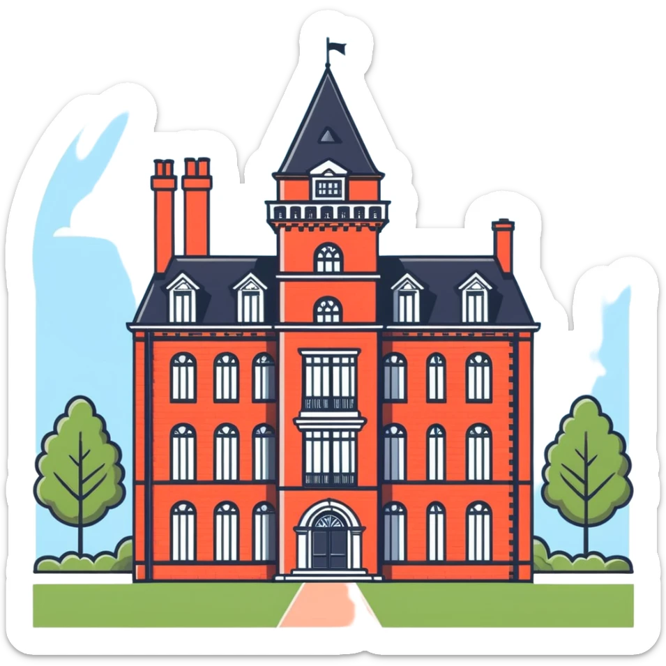 large English country house in red brick with a tower sticker