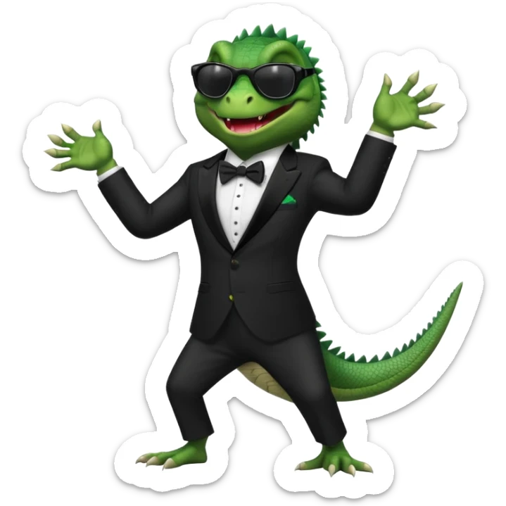 capitalist iguana banker in tuxedo and black sunglasses dancing crazy sticker