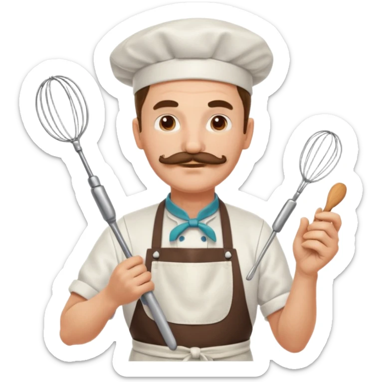 Middle-aged male pastry chef – mustache, wearing apron and whisk in hand
 sticker