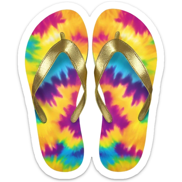 Realistic metallic gold and tie dye pair of summer flip flops isolated. sticker