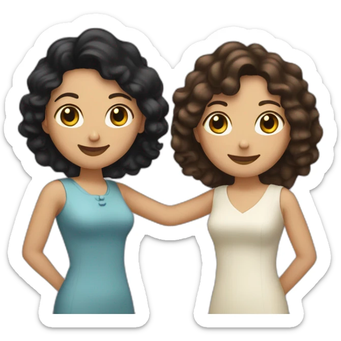 tan mid-sized woman with black curly hair shakes hands with a mid-sized pale woman who has straight brown hair sticker