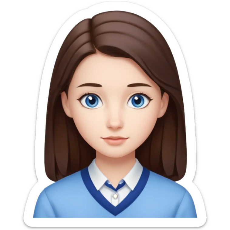 Realistic Student Portrait, with porcelain-like skin featuring a natural rosy flush, iHer Brunette Half-Up Style for Straight  hair flows in soft, Her deep blue eyes radiate warmth and innocence,  wear light blue preppy style. sticker