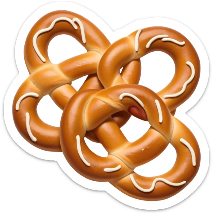 Cinematic Realistic Pretzels Dish Emoji, featuring freshly baked, twisted pretzels with a glossy, salted crust rendered with detailed textures and warm, appetizing lighting. sticker