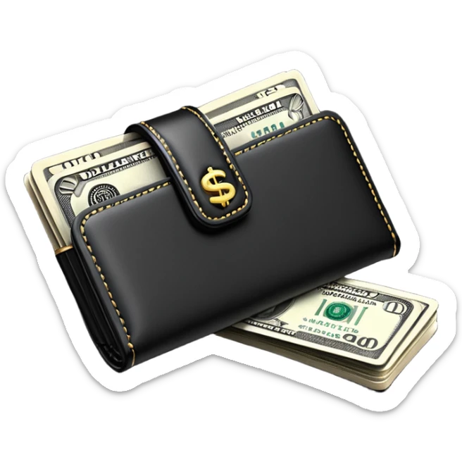 Rich emoji style black leather wallet with dollar bills, luxury money vibe, premium 3D emoji, ultra clean, high detail, no background
 sticker