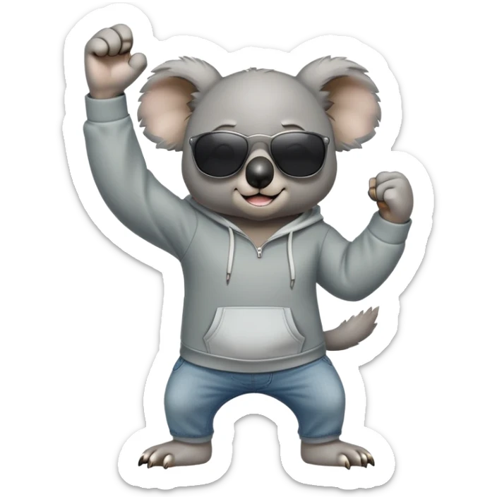anthropomorphised koala, full body, wearing a hoodie and jeans, dark sunglasses, shaking fist sticker