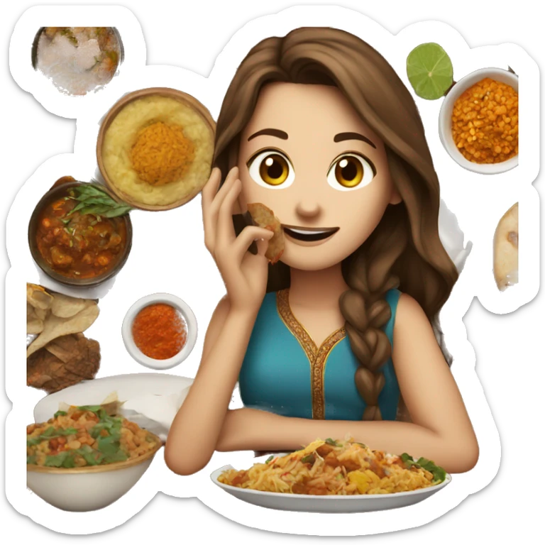 White Girl with brown hair  eating Indian food sticker