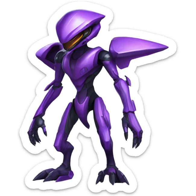 a black-purple Genesect-Raptor-Fakémon—hybrid with a futuristic visor-helmet full body sticker