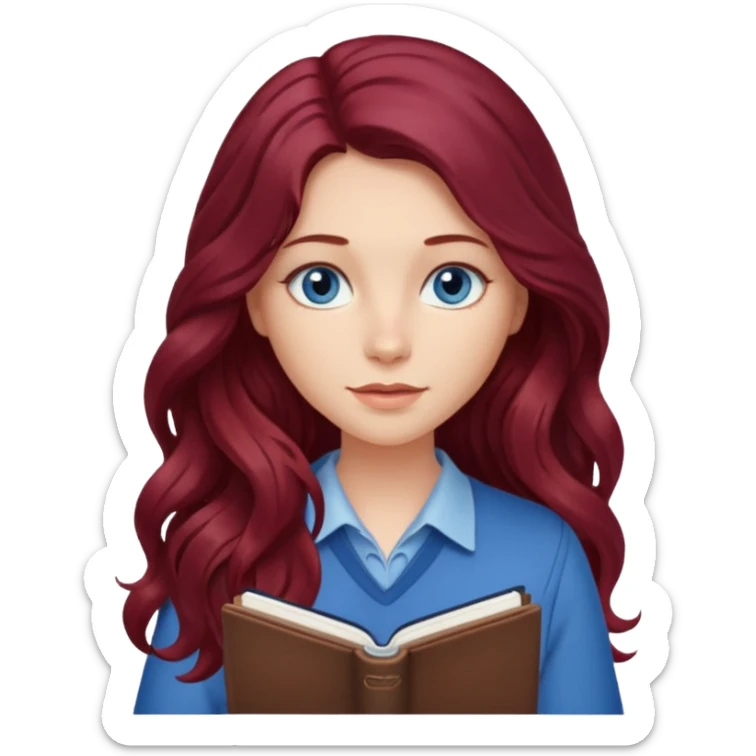 girl with long wavy burgundy hair, blue eyes and a notebook sticker