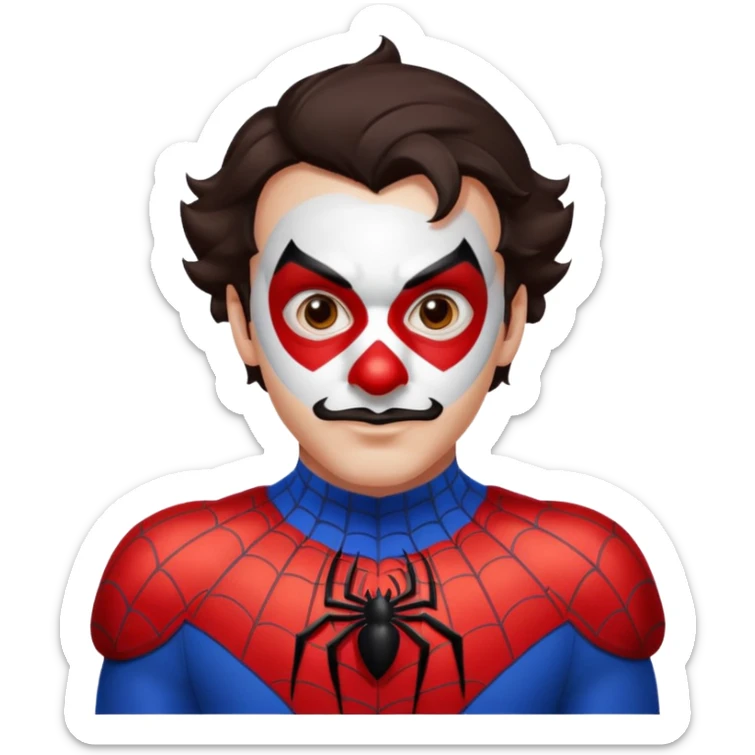 Create a man with brown eyes and dark hair into Spider-Man and a clown nose sticker