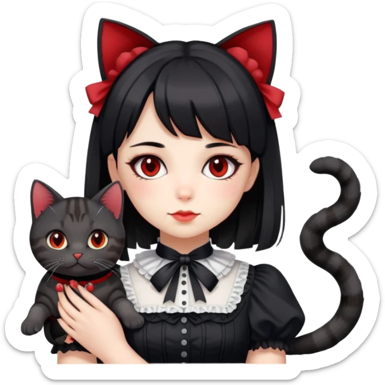 girl wearing black Lolita style dress, with medium-length black hair with red tips, and a black American Shorthair tabby cat sticker