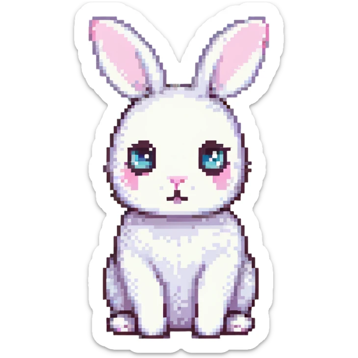 round white bunny with big eyes and a pink nose, sitting on green grass, pixel art, soft and gentle expression, simple 2D flat colors, no background except grass sticker