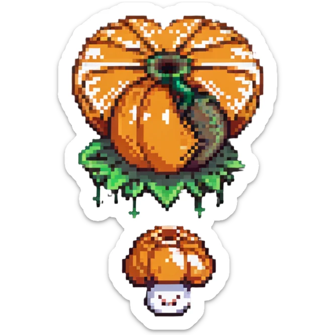heart split in half with a mushroom motif on one side and a pumpkin motif on the other, pixel art style sticker