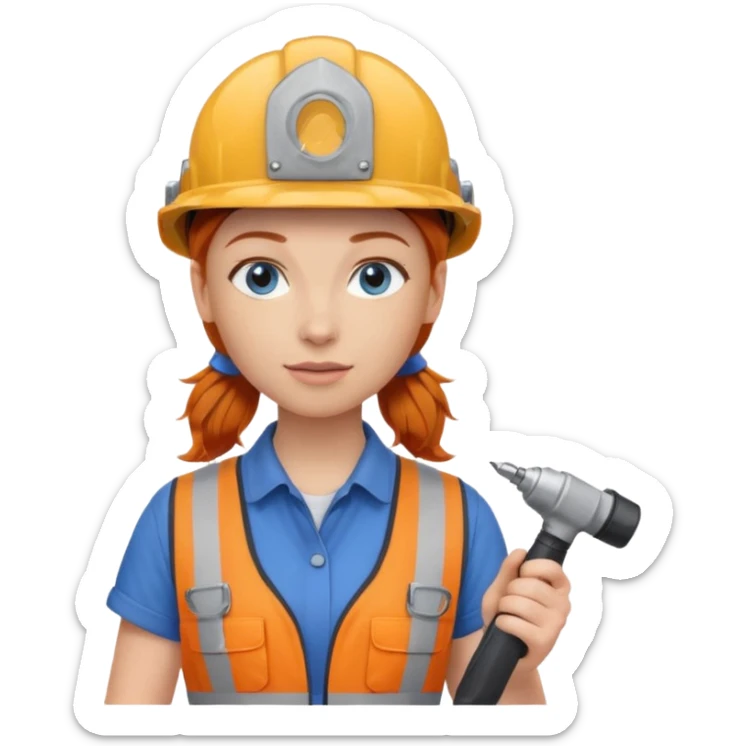 A ginger haired girl blue eyes, handyman Outfit, wearing a Helmet, with drill sticker