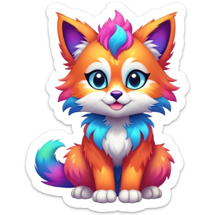 Vibrant multicolored neon-colored Falvie-Fionbri-creature-sparkle-feline-canine-hybrid-fursona, full body sticker