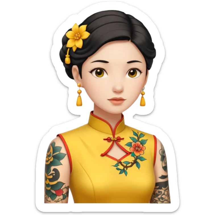 ancient woman with tatooed on neck and yellow cheongsam sticker