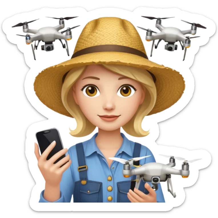 female farmer holding a smartphone with a drone flying in the background, emoji style sticker