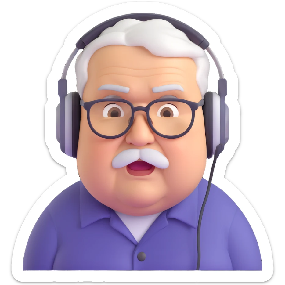 Very chubby brown old man with medium white hair, wearing glasses and headphones, looking surprised and angry, no facial hair, round full cheeks, double chin, looking to the upper left corner sticker