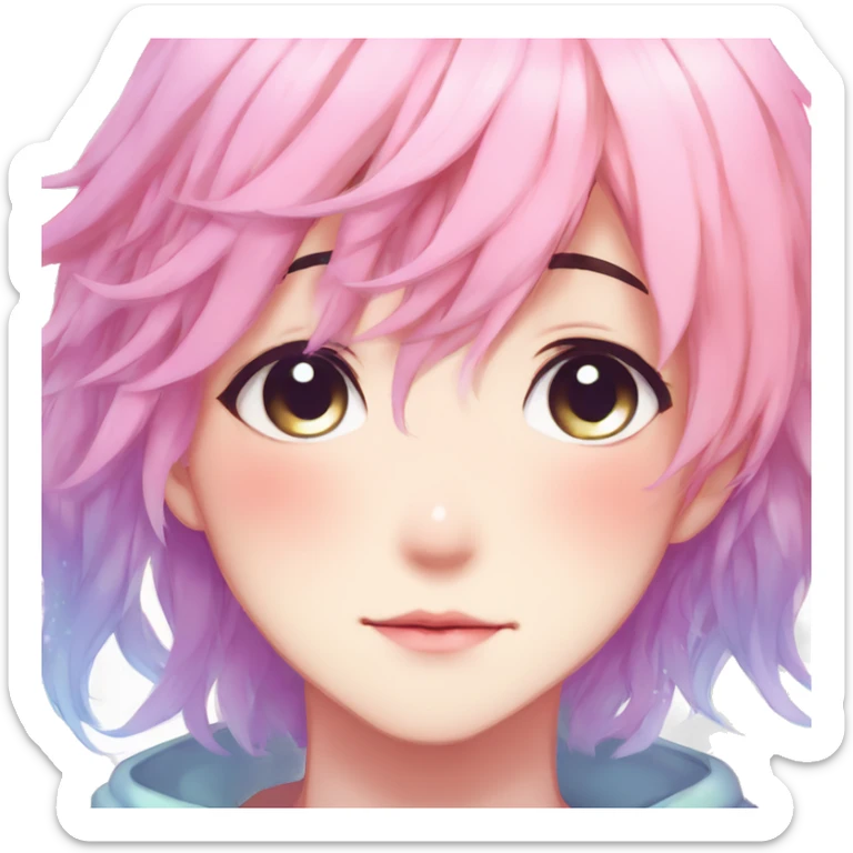Gorgeous anime style shojo man with blushing face aesthetic and pretty colorful shiny gradient pastel hair trending style sticker